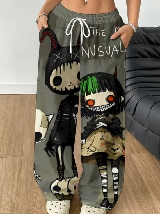 Gothic Machine Colors Pants & Jumpsuits | Gothic Punk Wideleg Pants With Devil Doll Anime ...